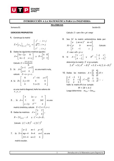 S01 s1 Resolver ejercicios Matrices 1 Introducción a la Matemática