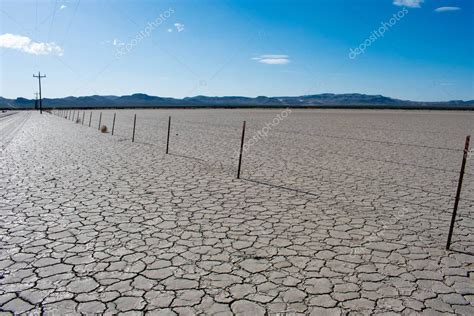 Tumbleweed En Tierra Seca Del Desierto Agrietada Con Cielo Azul