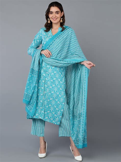 Vaamsi Women Turquoise Blue Ethnic Motifs Printed Pure Cotton Kurta