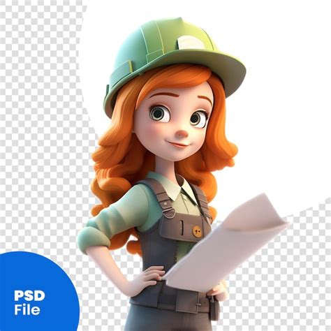 Ilustração 3d de uma trabalhadora de construção feminina de desenho