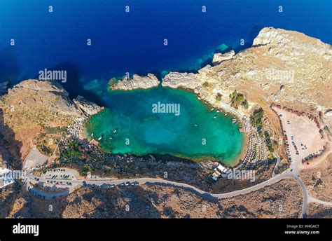 Aerial Birds Eye View Drone Photo Saint Paul Bay Near Village Lindos