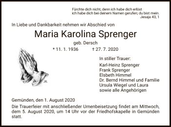 Traueranzeigen Von Maria Karolina Sprenger Trauer HNA De