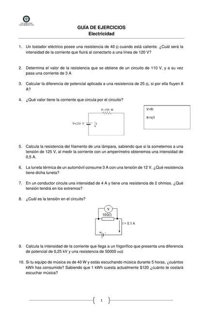 Guía De Ejercicios Electricidad Vicente Huenul Udocz