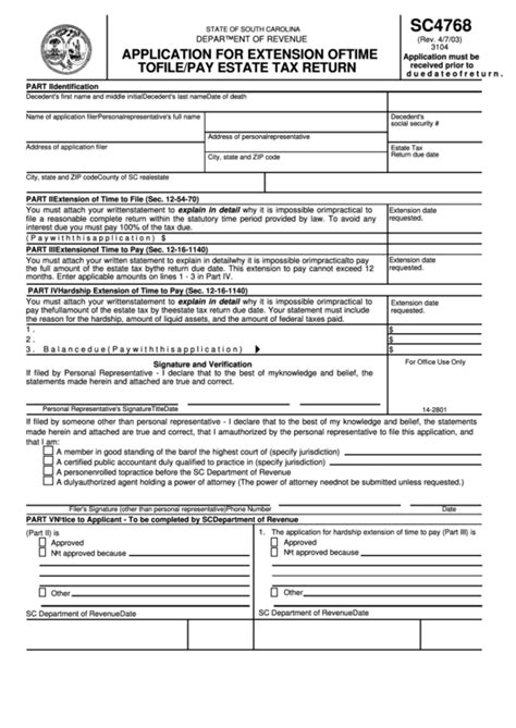 Form Sc4768 Application For Extension Of Time To Filepay Estate Tax