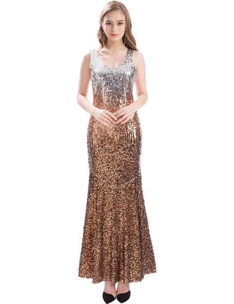 Maner Women V Neck Sequin Long Dress Sleeveless Evening Prom Formal