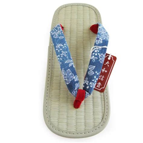 Zori Japanese Sandals Rush Grass Tatami Sandals Japanese Thong Sandals Blue Flower Futon