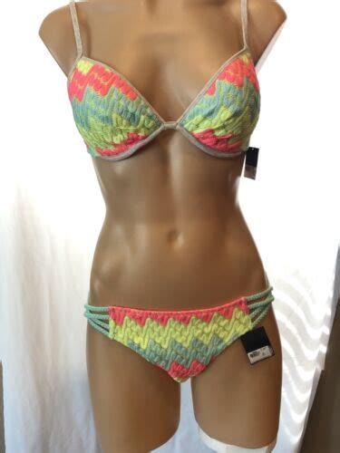 Nwt Victorias Secret Swim Padded Bikini Neon Crochet Zig Zag 34c