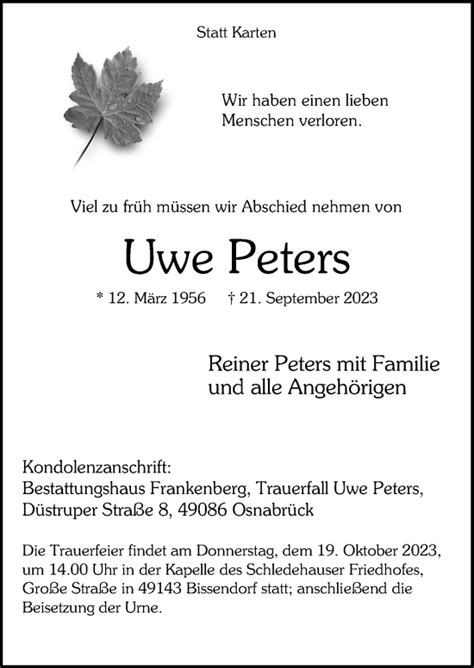 Traueranzeigen Von Uwe Peters Noz Trauerportal