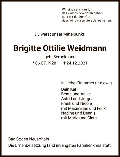 Traueranzeigen Von Brigitte Ottilie Weidmann Trauer Rheinmain De