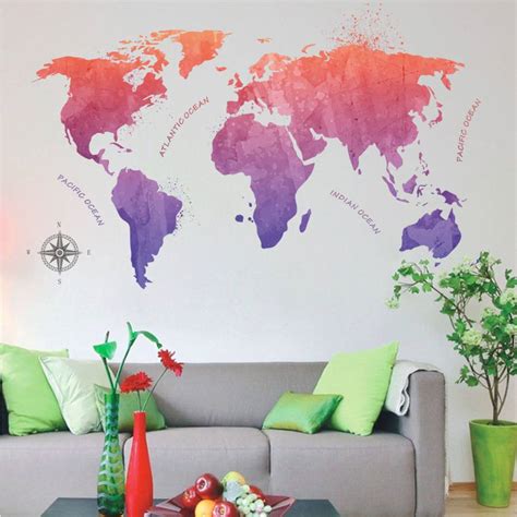 Watercolor Rendering World Map 2d Wall Stickers Colored Letters World