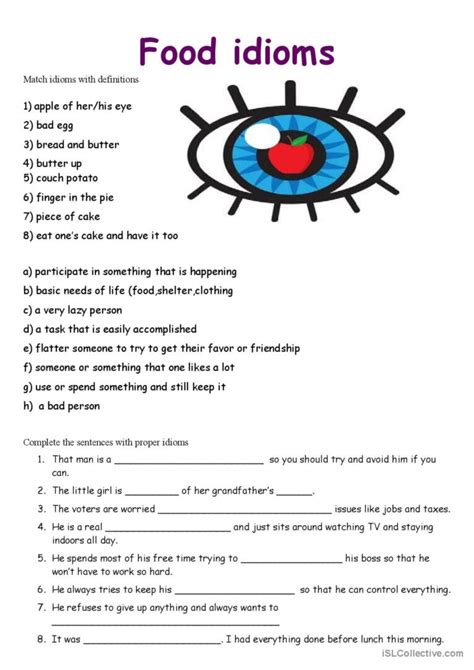 Food Idioms English Esl Worksheets Pdf And Doc