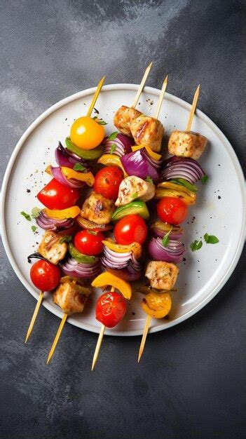 Premium AI Image | chicken kebab skewers on a plate over light grey ...