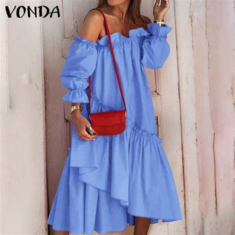 Aovica 2023 Summer Off Shoulder Dress Women Long Sleeve Irregular Hem