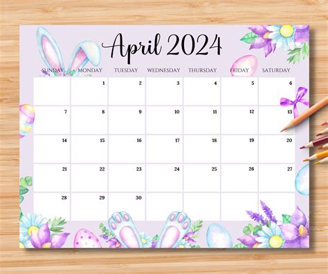 Editable April Calendar Happy Easter Day With Cute Bunny Ears