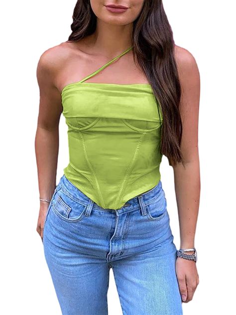 Huakaishijie Women S Corset Crop Tops One Shoulder Sleeveless Boned