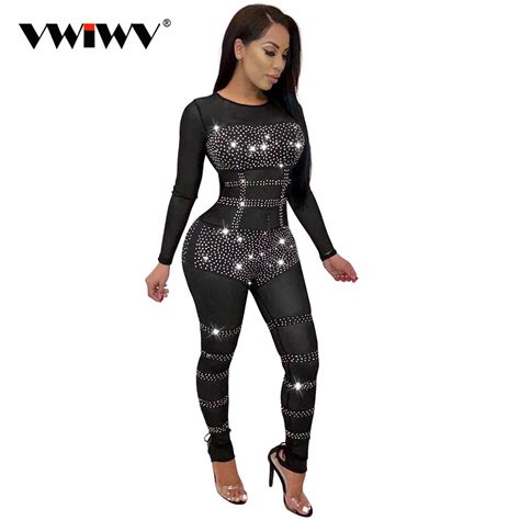 Vwiwv Women Sequin Beading Jumpsuit Diamond Geomrtry Long Sleeve Round