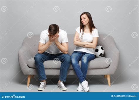 Displeased Couple Woman Man Football Fans Cheer Up Support Favorite