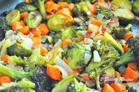 Oven Roasted Brussels Sprouts Carrots Broccoli And Italian Bacon 2 Sisters Recipes By Anna