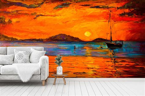 3d Sunset Oil Painting Wallpaper Mural Peel And Stick Etsy