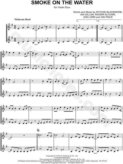 Deep Purple Smoke On The Water Violin Duet Sheet Music In E Minor