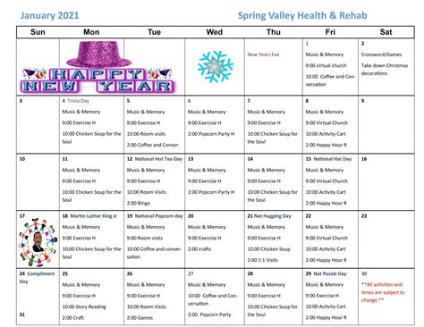 January 2021 Activity Calendar - Spring Valley Senior Living and Health Care Campus