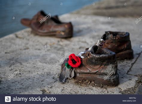 Jewish Memorial Shoes On The Danube Bank Budapest Hungary Stock