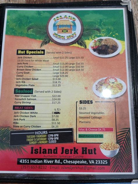 Menu At Island Jerk Hut Restaurant Chesapeake Indian River Rd