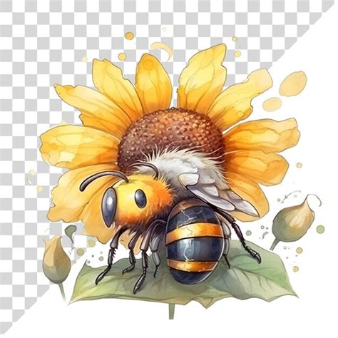 Bonita Abeja De Acuarela De Dibujos Animados Con Girasoles En Un Fondo