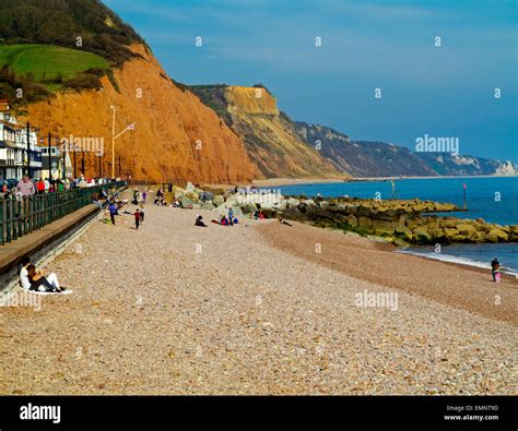 View Looking East Along The Beach At Sidmouth South Devon England Uk With The Red Sandstone