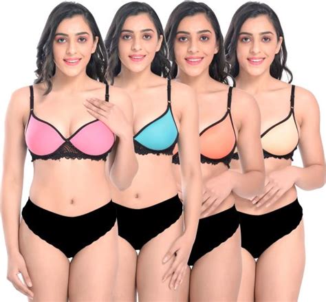 Aamarsh Women Cotton Bra Panty Set For Lingerie Set Pack Of 4 Color Bluepinkbrown