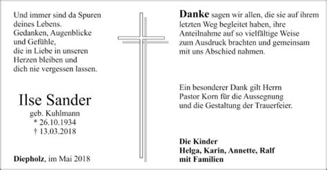 Traueranzeigen Von Ilse Sander Trauer Kreiszeitung De