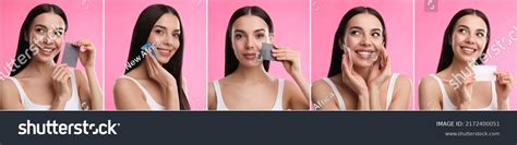 Collage Photos Beautiful Woman Using Mattifying Stock Photo 2172400051 ...