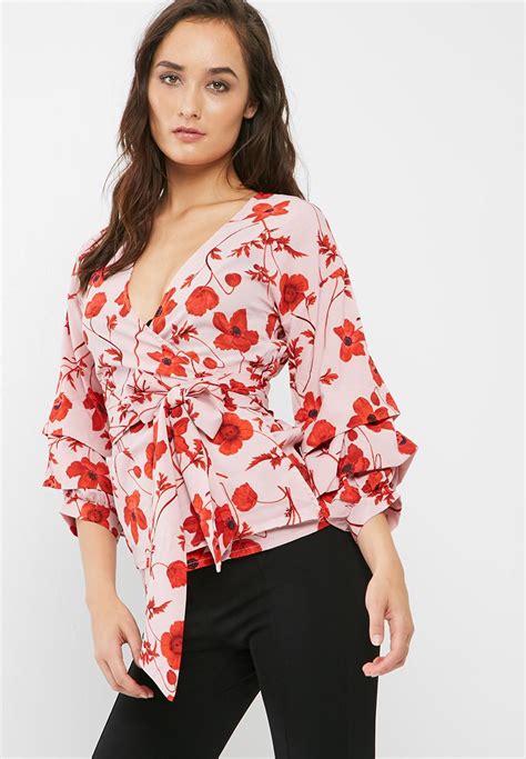 Poppy Print Wrap Tie Blouse Pink Missguided Blouses