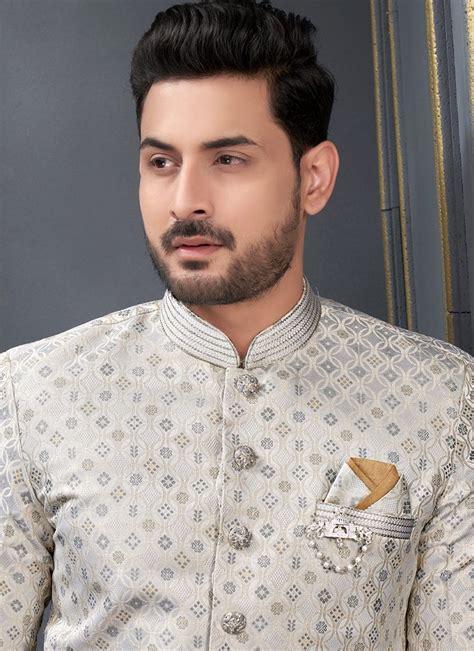 Shop Grey Art Silk Jacquard Indowestern Sherwani Party Wear Online At