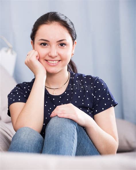 Smiling Brunette Gardener Watering Sprouts Stock Photo Image Of