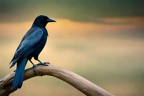 Premium Photo A Crow Sits On A Branch In Front Of A Sunset