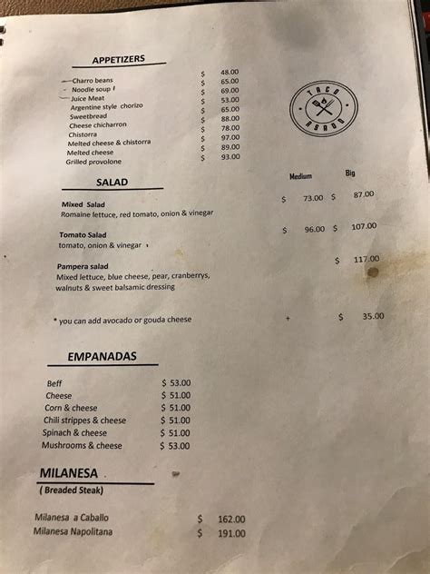 Carta del restaurante Taco Asado Monumento Ciudad del México