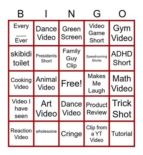 Yt Shorts Bingo Card