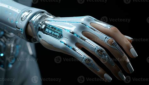 Futuristic Robotic Arm Working Human Hand Metal Shiny Blue