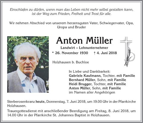 Traueranzeigen Von Anton M Ller Allg Uer Zeitung