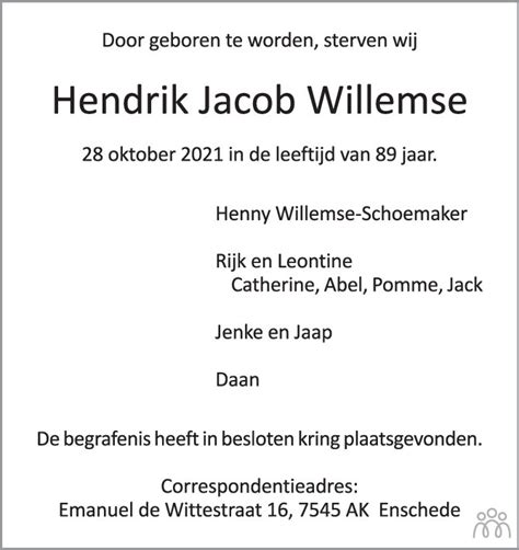 Hendrik Jacob Willemse 28 10 2021 Overlijdensbericht En Condoleances