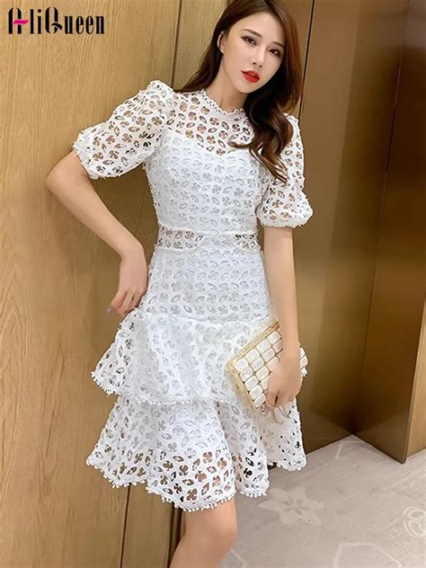 Runway Women Vintage White Sexy Hollow Out Lace Dresses Elegant Short