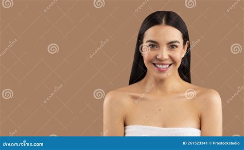 Half Naked Brunette Woman Posing And Smiling At Camera Stock Image