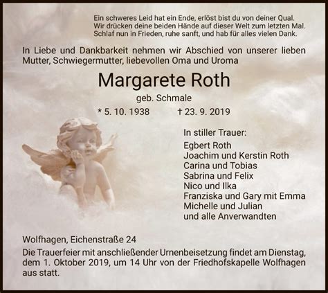 Traueranzeigen Von Margarete Roth Trauer HNA De