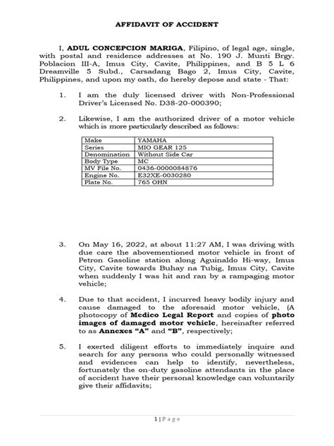 Affidavit Of Accident Hit And Run Adul Concepcion Mariga Pdf