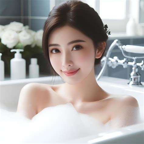 Premium Photo Beautiful Woman Taking Bath In Tub With Foam Indoors