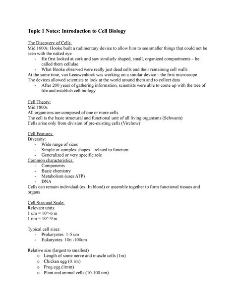 Bio Final Notes Topic Notes Introduction To Cell Biology The