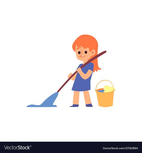 Cartoon child holding broom and mop cleaning Vector Image