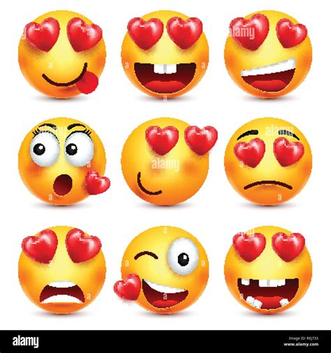 Smiley Emoji With Red Heart Vector Set Valentines Day Yellow Cartoon