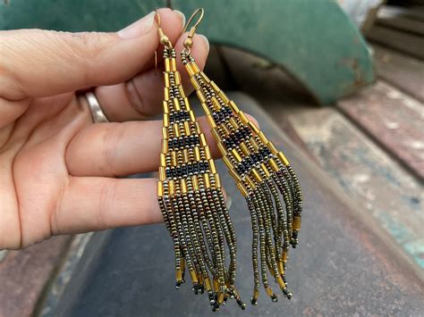 Vintage Long Beaded Earrings For Women Gold And Black Glass Seed Beads